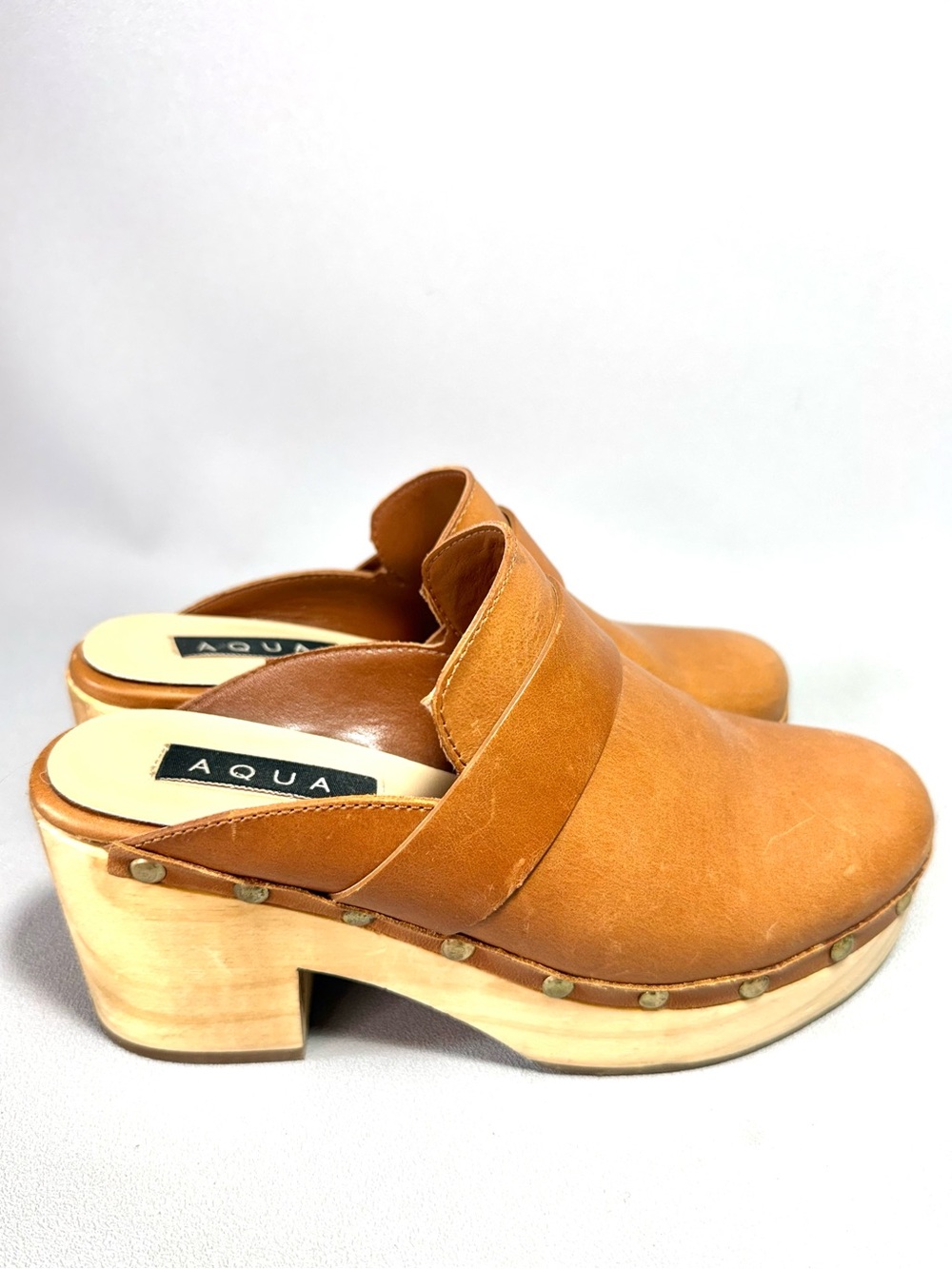 AQUA Soho Tan Leather Studded Wooden Platform Clogs